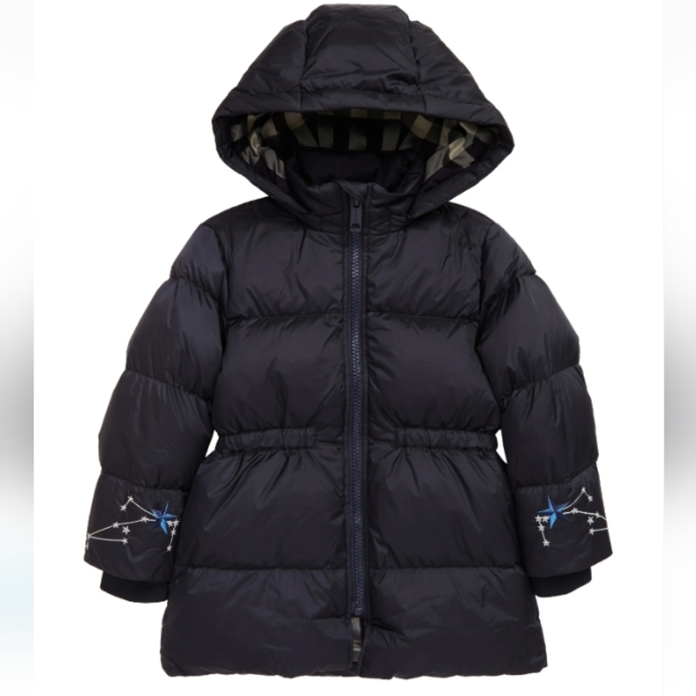 New Burberry Kids' Embroidered Down Puffer Coat with Detachable Hood